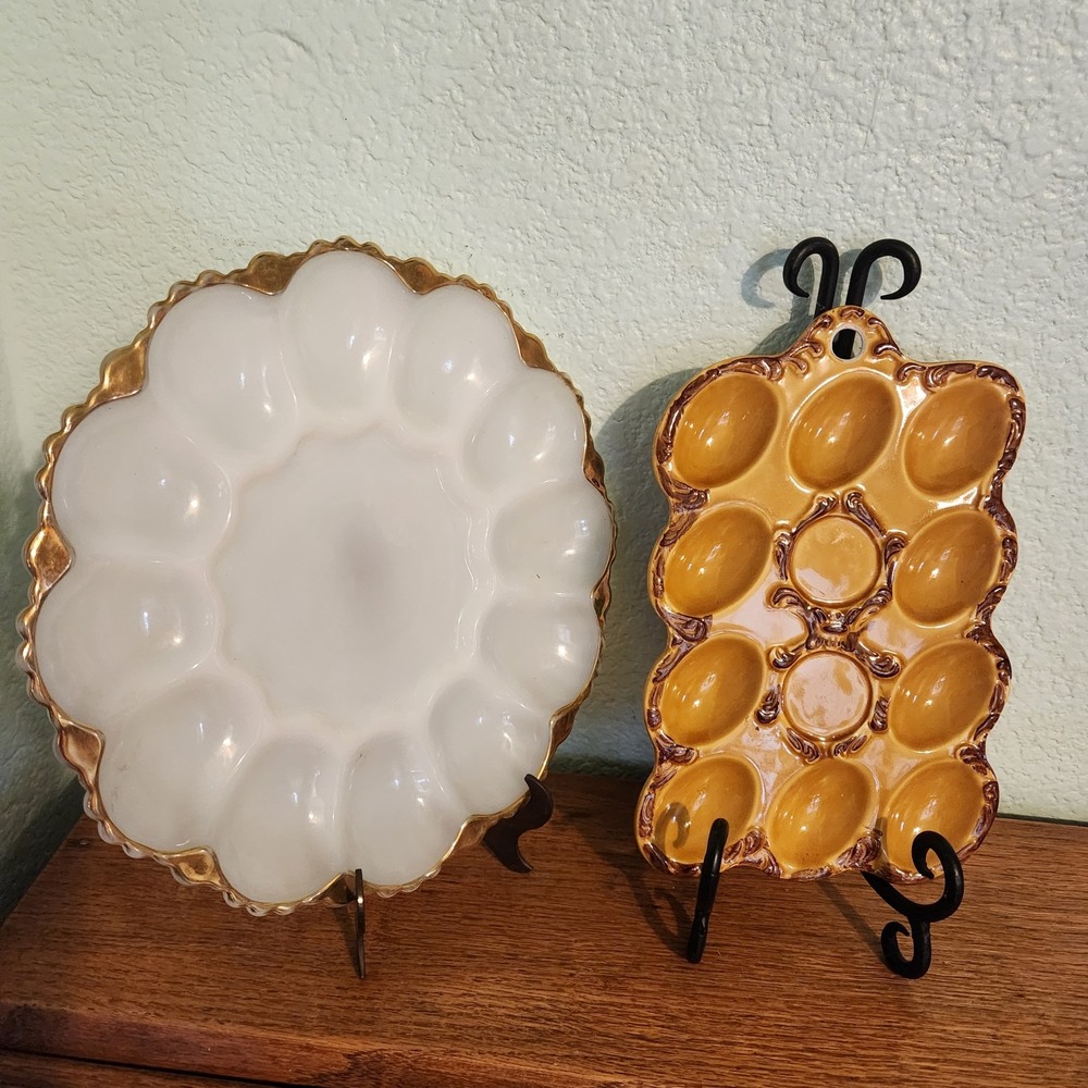 Vtg Deviled Egg Platter Lot Milk Glass Anchor Hocking Made In Japan Yellow Gold